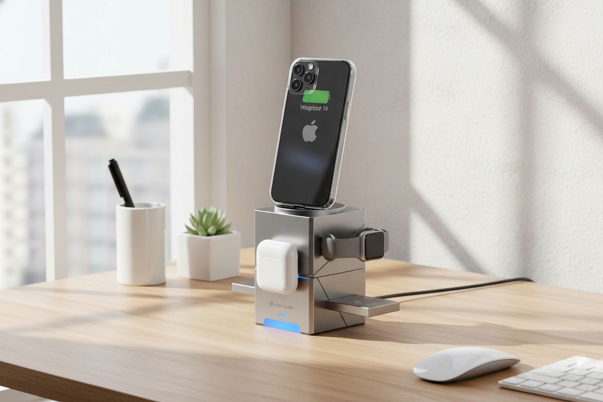 A 3-in-1 magnetic wireless charging station twisted open, charging an iPhone, Apple Watch, and AirPods on a minimalist desk w